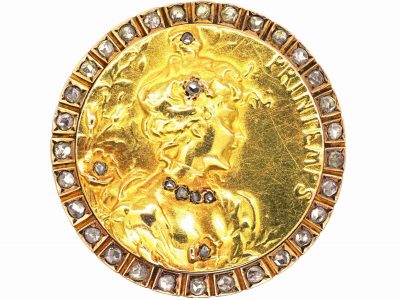 Art Nouveau 18ct Gold Brooch of a Lady set with Diamonds in Original Case