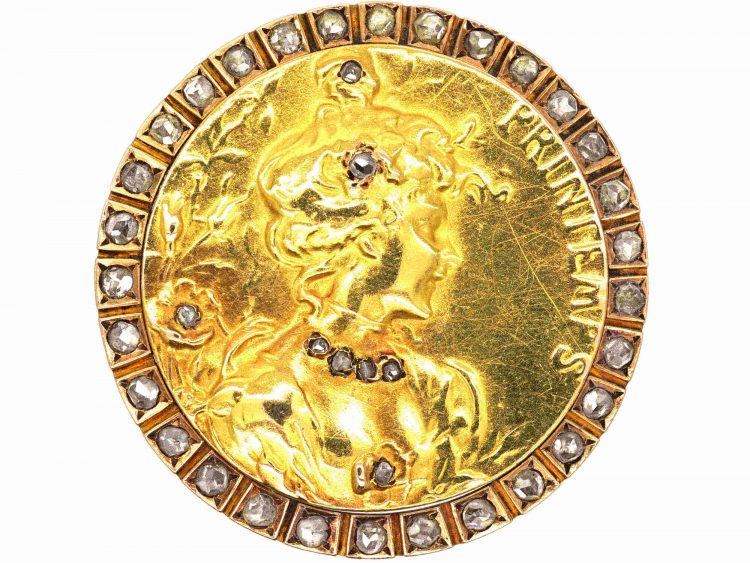 Art Nouveau 18ct Gold Brooch of a Lady set with Diamonds in Original Case