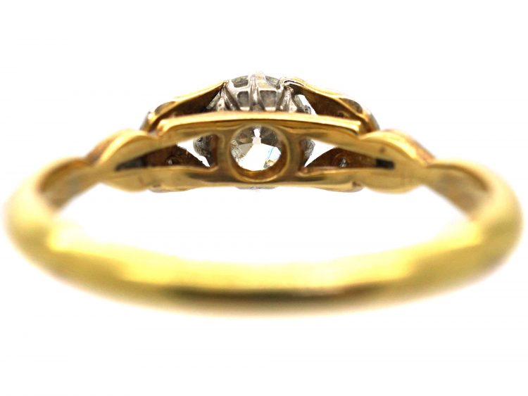 Art Deco 18ct Gold and Platinum, Diamond Solitaire Ring with Diamond Set Leaf Shoulders