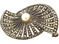 Art Deco Silver, Marcasite & Cultured Pearl Fan Brooch