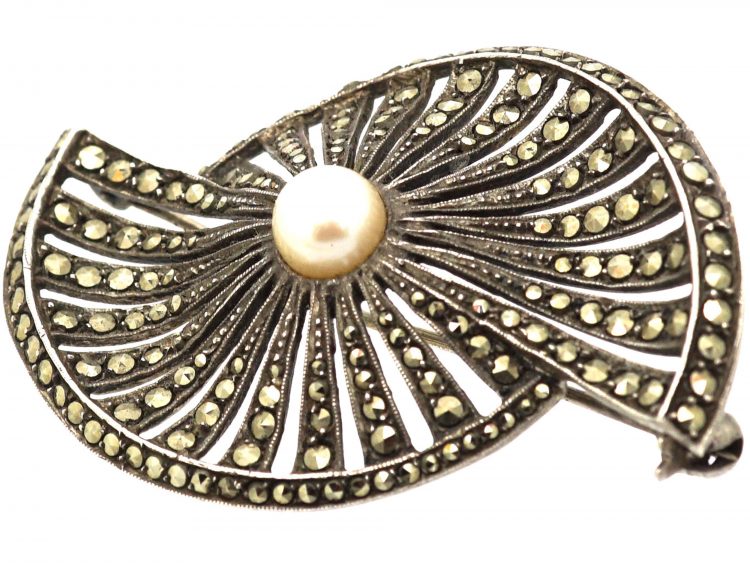 Art Deco Silver, Marcasite & Cultured Pearl Fan Brooch