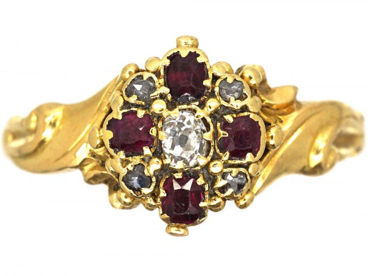 Regency 18ct Gold, Ruby & Diamond Cluster Ring with Leaf Shoulders