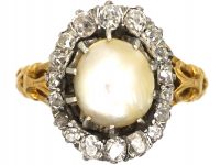 Victorian 18ct Gold, Natural Pearl & Old Mine Cut Diamond Cluster Ring