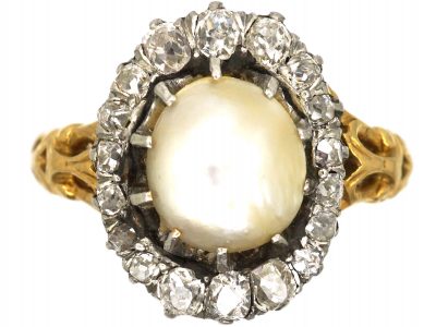 Victorian 18ct Gold, Natural Pearl & Old Mine Cut Diamond Cluster Ring