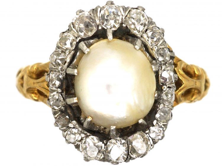 Victorian 18ct Gold, Natural Pearl & Old Mine Cut Diamond Cluster Ring