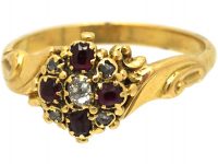 Regency 18ct Gold, Ruby & Diamond Cluster Ring with Leaf Shoulders