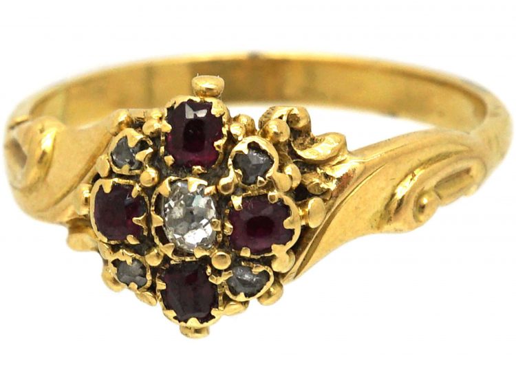 Regency 18ct Gold, Ruby & Diamond Cluster Ring with Leaf Shoulders