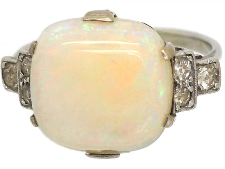 Art Deco 18ct White Gold & Platinum, Cabochon Opal and Diamond Ring