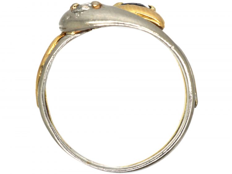 Art Deco 18ct Gold and Platinum Double Snake Ring set with a Sapphire and Diamond