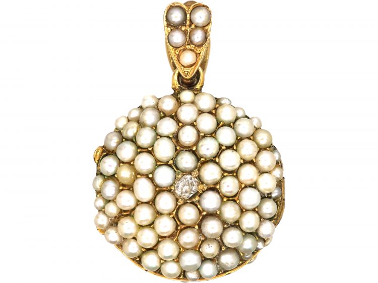 Edwardian 15ct Gold Double Sided Round Locket set with Pearls, Emeralds & Diamonds