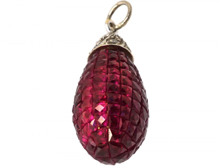 Art Deco Platinum, Invisible Set French Cut Ruby & Diamond Pear Shaped Pendant