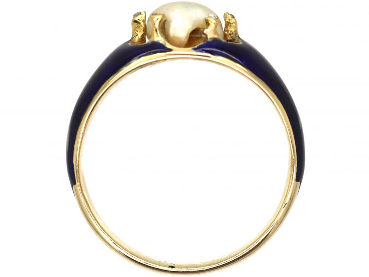 Victorian 18ct Gold, Blue Enamel, Rose Diamond & Natural Pearl Ring