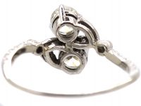 Art Deco Platinum, Two Stone Diamond Ring with Leaf Detail