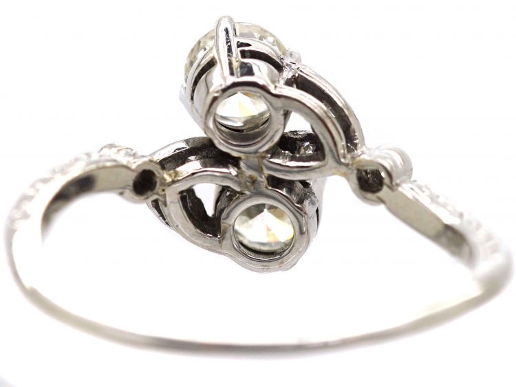 Art Deco Platinum, Two Stone Diamond Ring with Leaf Detail