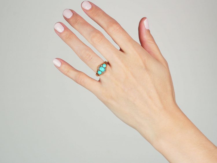 Victorian 18ct Gold, Three Stone Turquoise and Rose Diamond Ring
