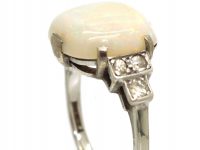 Art Deco 18ct White Gold & Platinum, Cabochon Opal and Diamond Ring