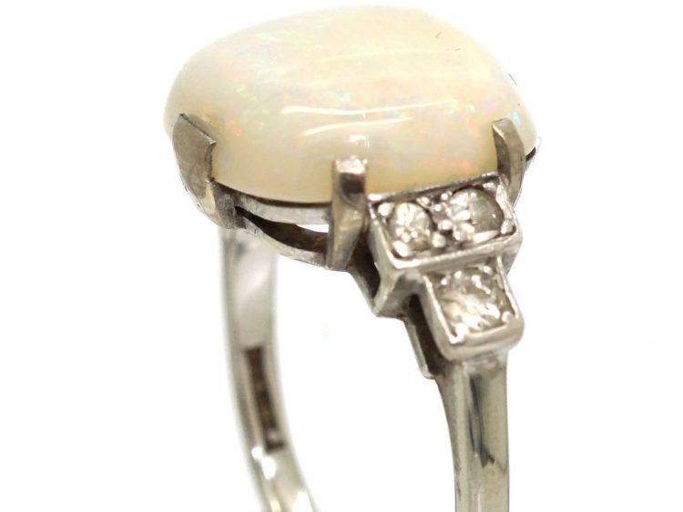Art Deco 18ct White Gold & Platinum, Cabochon Opal and Diamond Ring