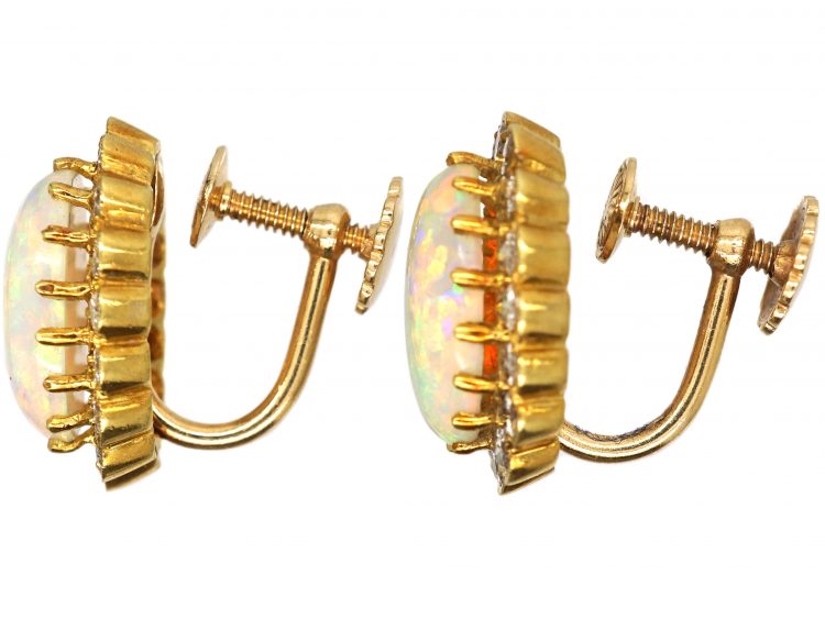 14ct Gold, Large Opal and Diamond Oval Cluster Earrings