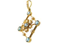 Edwardian 15ct Gold Aquamarine & Natural Split Pearl diamond Shaped Pendant