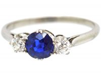Art Deco Platinum, Sapphire and Diamond Three Stone Ring