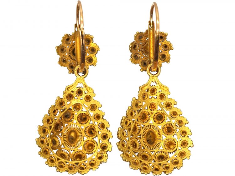French Early 19th Century 18ct Gold Drop Earrings in Original Case