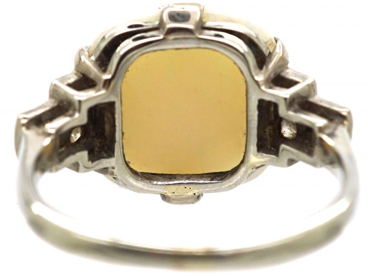 Art Deco 18ct White Gold & Platinum, Cabochon Opal and Diamond Ring