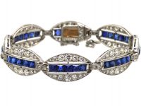 French Art Deco 18ct White Gold & Platinum, Diamond & Unheated Sapphire Elliptical Design Bracelet by Edouard Caen