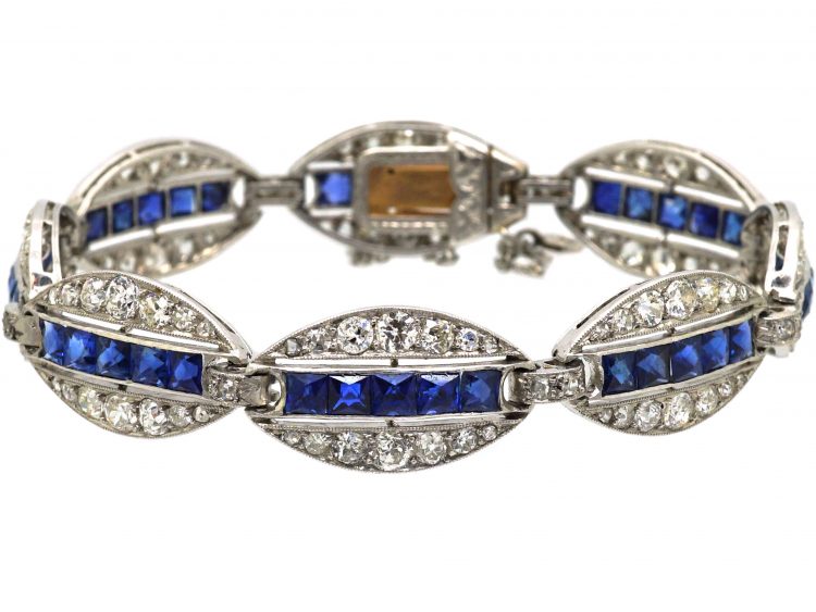 French Art Deco 18ct White Gold & Platinum, Diamond & Unheated Sapphire Elliptical Design Bracelet by Edouard Caen
