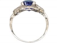 Art Deco Platinum, Ceylon Sapphire & Diamond Ring with Heart Detail