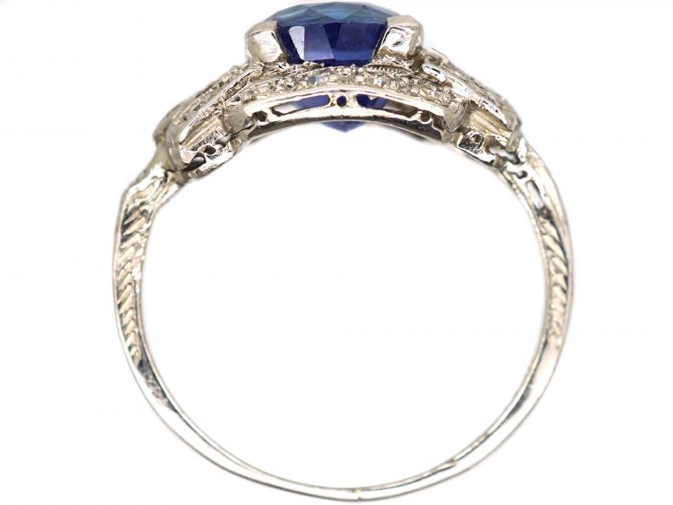 Art Deco Platinum, Ceylon Sapphire & Diamond Ring with Heart Detail