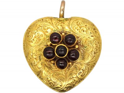 Regency 15ct Gold Heart Pendant set with Garnet Flower Cluster with Locket on Reverse