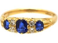 Edwardian 18ct Gold, Three Stone Sapphire & Diamond Carved Half Hoop Ring