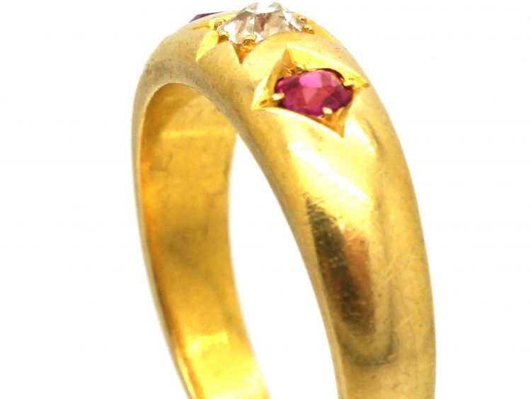 Victorian 18ct Gold Ruby & Diamond Three Stone Gypsy Ring