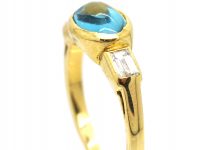 18ct Gold, Cabochon Aquamarine & Baguette Diamond Ring