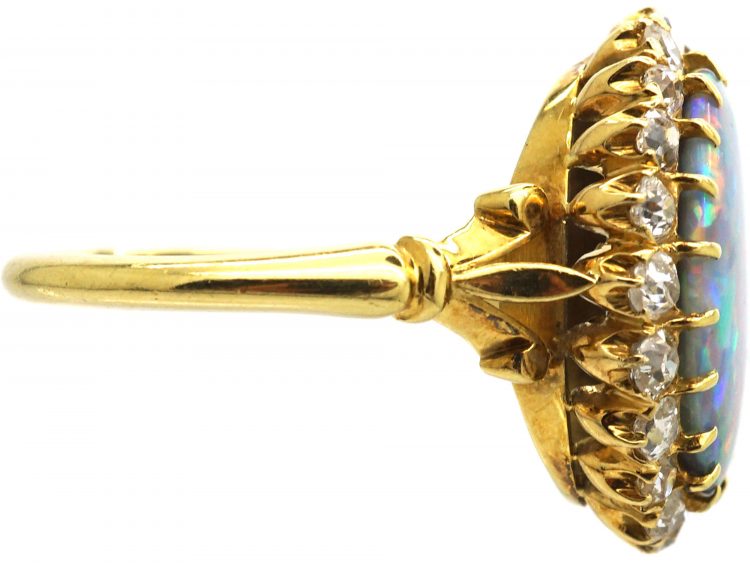 Edwardian 18ct Gold, Precious Black Opal & Diamond Cluster Ring