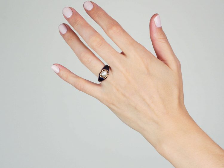 Victorian 18ct Gold, Blue Enamel, Rose Diamond & Natural Pearl Ring