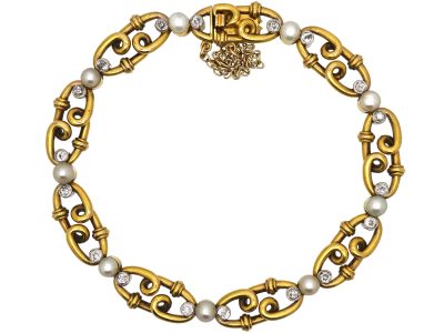 Edwardian 18ct Gold & Platinum, Natural Pearls & Diamond Bracelet
