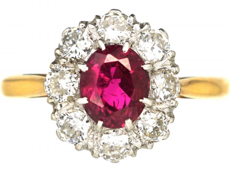 Retro 18ct Gold, Ruby & Diamond Oval Cluster Ring