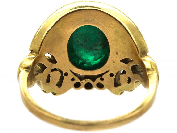 Art Deco 18ct Gold Egyptian Revival Ring set with a Cabochon Emerald & Rose Cut Diamonds