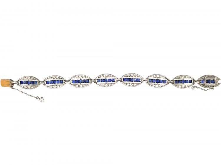 French Art Deco 18ct White Gold & Platinum, Diamond & Unheated Sapphire Elliptical Design Bracelet by Edouard Caen