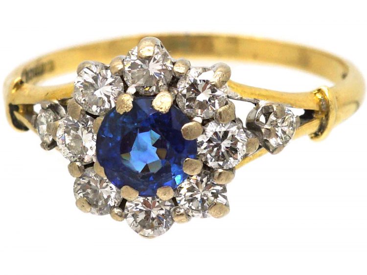 18ct Gold Sapphire & Diamond Cluster Ring with a Diamond on Each Shoulder by Cropp & Farr