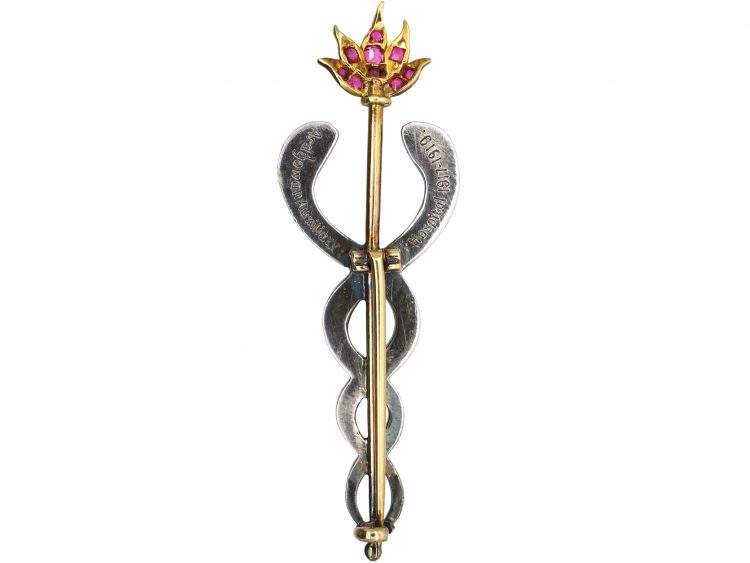 Edwardian 15ct Gold & Enamel Caduceus Brooch in Original Case