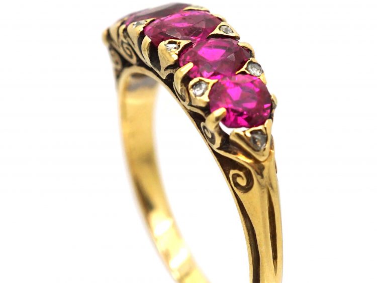 Victorian 18ct Gold, Five Stone Ruby Ring with Diamond Points