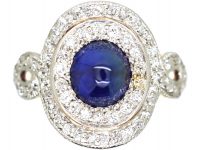 Art Deco 18ct Gold & Platinum, Cabochon Sapphire & Diamond Cluster Ring by Bailey Banks & Biddle