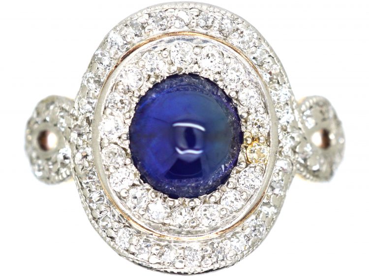 Art Deco 18ct Gold & Platinum, Cabochon Sapphire & Diamond Cluster Ring by Bailey Banks & Biddle