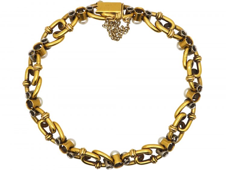 Edwardian 18ct Gold & Platinum, Natural Pearls & Diamond Bracelet
