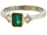 18ct White Gold, Rectangular Emerald & Diamond Three Stone Ring