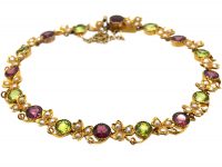 Edwardian 9ct Gold Suffragette Bracelet set with Peridots, Natural Split Pearls & Almandine Garnets