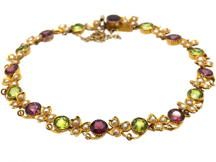 Edwardian 9ct Gold Suffragette Bracelet set with Peridots, Natural Split Pearls & Almandine Garnets