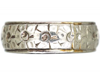 Art Deco Wide Platinum Wedding Ring with Flower Detail